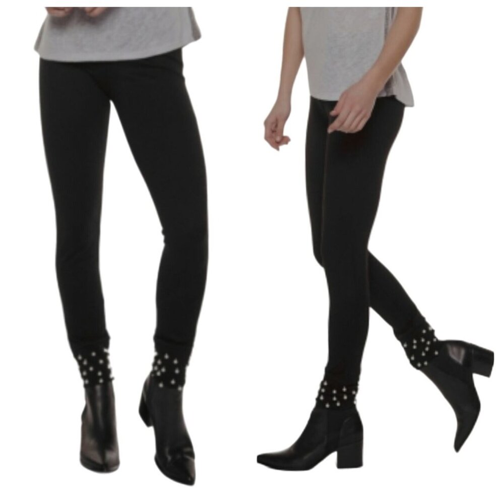 Dex Womens Black Leggings Pearl-Embellished Cuffs Elastic Waistband Size Small